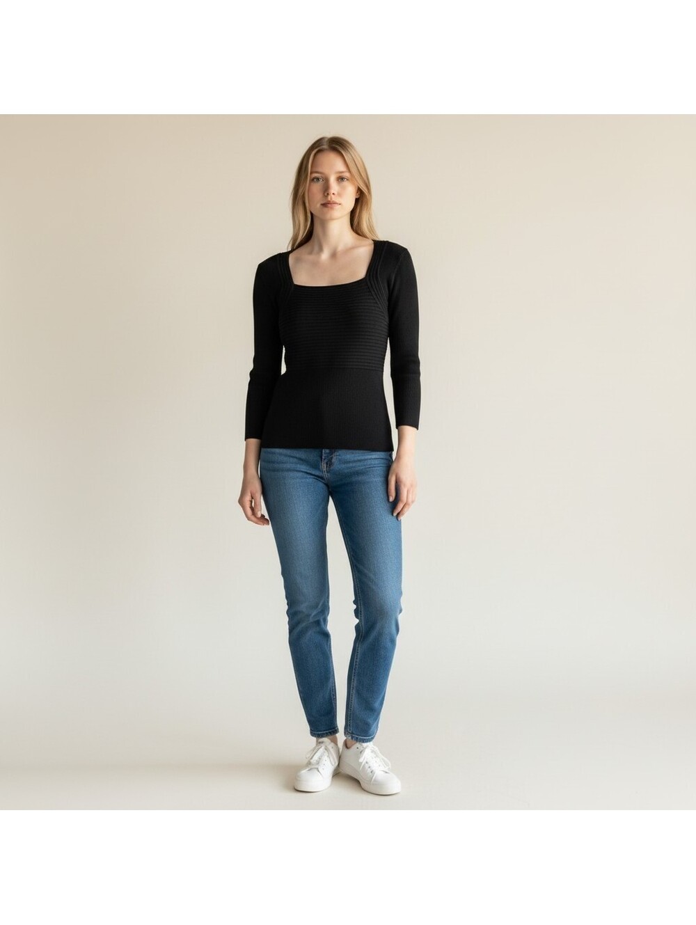 Cable & Gauge Top Women M Medium Black 3/4 Sleeve Square Neck Stretch Casual